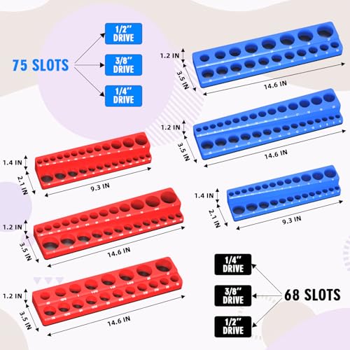 Image of Magnetic Socket Organizer Set, 6-Piece Socket Holder Trays for 1 /4 inch 3 /8 inch 1 /2 inch Drive, Holds up to 143 Sockets, Compatible with Metric and SAE Sizes (Blue & Red)