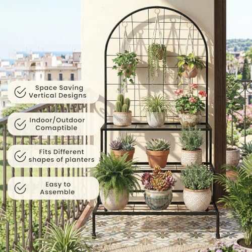 Image of Garden Genie Vertical Metal Plant Stand | Heavy Duty Multi Tier Plant Stand for Home & Garden | Flower Pot Stand for Indoor Plants | Plant Stands for Outdoor Balcony | Black
