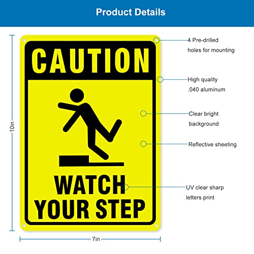 Caution Watch Your Step Sign, 2 Pack 10\"x7\"Safety Sign, 40 Rust Free Aluminum, UV Protected, Waterproof, Durable Ink, Easy to Mount, Indoor or Outdoor Use- By HISVISION