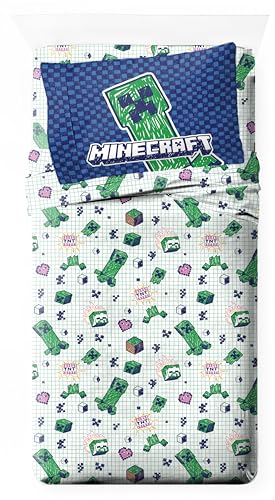 Jay Franco Kids Sheet Set with Fitted, Flat Sheets & Pillow Cover - Ultra-Soft Bedding with Pillowcase for Room Decor, Multi - Minecraft, 3 Piece Twin