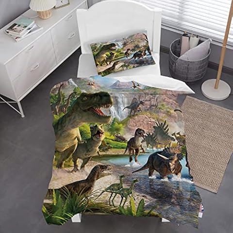 MUSOLEI Dinosaur Bedding Set Kids Realistic Dinosaurs Green Duvet Cover for Kids Boys Teens Bedroom Soft Quilt Cover Microfiber,with Pillowcase(Green, Single) Cover