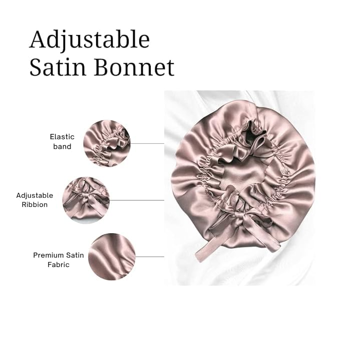Image of Women's Satin Silk Bonnet for Hair 2 Satin Pillowcase 3 Premium Scrunchies, Adjustable Silk Cap Bonnet for Curly Hair with Ribbon Tie Band, Satin Hair Wrap