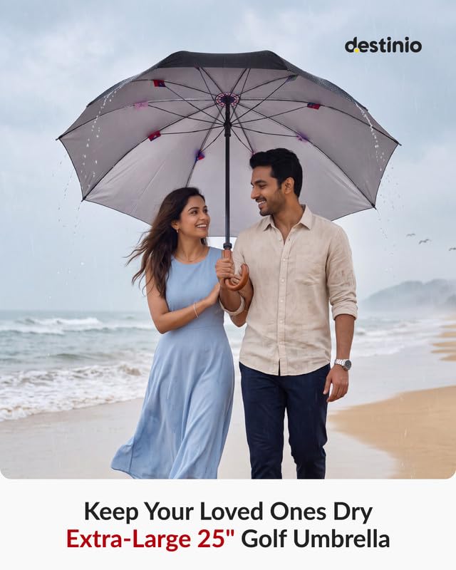 Image of Destinio Big Umbrella for Rain, Large Family Umbrela, Auto Open, UPF 50+ Sun Protection, Heavy Duty Windproof Waterproof Golf Umbrella for Men Big Size with UV Coating, Strong Fiberglass Rib Umbrellas