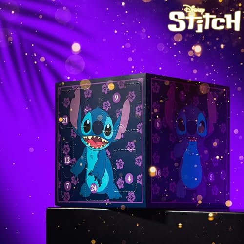 Disney Stitch Adventskalender 2025 Kinder Jugendliche Weihnachtskalender mit 24 Überraschungen Schreibwaren oder Haarschmuck Mädchen Geschenk Idee (Lila Stitch Würfel)