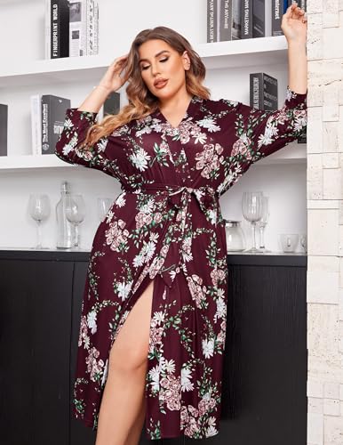 Image of IN'VOLAND Womens Plus Size Kimono Robes Long Knit Bathrobe V Neck Ladies Loungewear Lightweight Soft Sleepwear 1X-5X