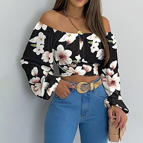Womens T Shirts Tops Tee for Women Strapless Lantern Long Sleeve Off The Shoulder Wrap Pleated Tee Shirt 20252