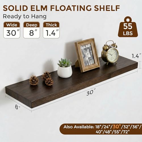 Image of Dreamland Rustic Elm Woood Floating Shelves for Wall Decor, 30 inch W x 8 inch D x 1.5 inch H Floating Shelves Set of 2, Wall Mounted Deep Wooden Shelf for Living Room, Bedroom, Kitchen, Bathroom, Walnut