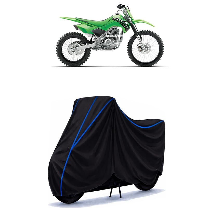 Image of KLX 140R F Bike Cover Water Resistant Universal Motorcycle Rain | Heavy Duty UV Protection, Dust, Scratch Indoor Outdoor All Weather with Black Blue Piping Elastic