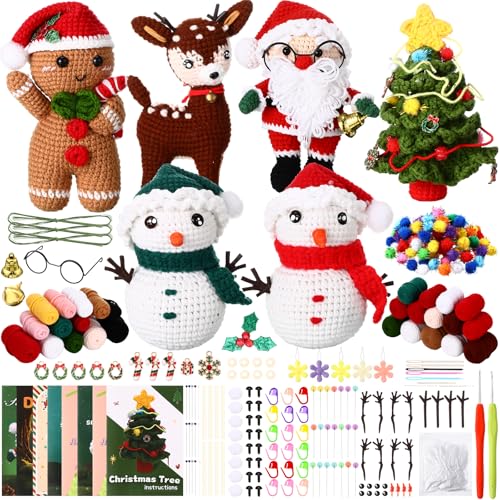 Sonwyoung 6 Pack Christmas Crochet Kit for Beginners Christmas Crochet Starters Kit for Adults with Crochet Accessories Xmas Tree Snowman Craft Knitting Kit with Guide Video Tutorials for DIY Gift