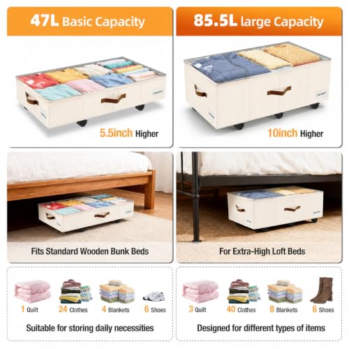 Image of Under Bed Storage with Wheels,Underbed Storage with Sturdy Sidewalls /Bottom, Clear Cover, Label and PU Handle, Rolling Under Bed Drawers for Clothes, Shoes, 11 Inch Height,Beige, 2 Pack