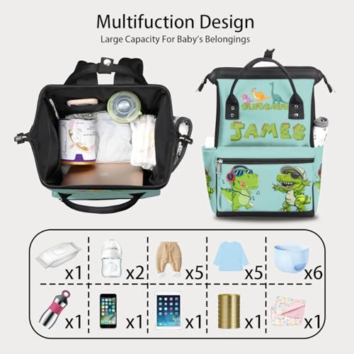 Image of Personalized Baby Boy Diaper Bag Backpack Cute Large Nappy Backpack Mommy Bags, Waterproof Travel Daypack for Dad Mom Gifts Music Dinosaur Diaper Backpack for Boys