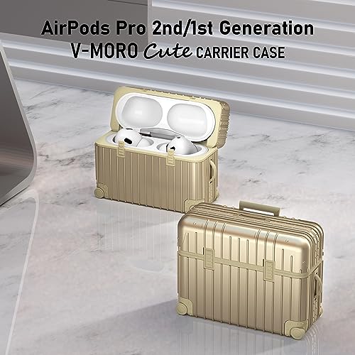 Image of Airpods Pro 2nd Generation Case, V-MORO Cute Suitcase Cover Case for Airpods Pro Travel Luggage Protective Hard Case with Keychain for Men Women - Gold