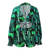 topkeal set di 3 pezzi da donna sexy con maniche a palloncino e stampa tropicale, camicia e pantaloncini per adolescenti, verde, m