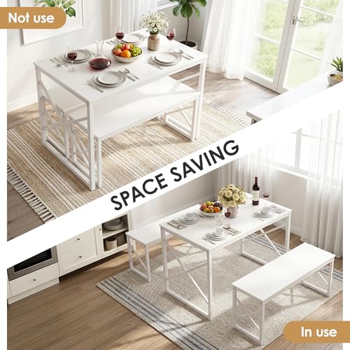 Image of VECELO 43.3 inch Kitchen Dining Table Set for 4, Heavy-Duty Steel Frame & Wood-Grain Tabletop, Space-Saving Dinette Sets with 2 Benches for Breakfast Nook and Small Space, White