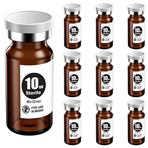 Ks-Tek Sterile Empty Vials with Self Healing Injection Port,with Aluminum Plastic Cap,Sterile Package (10ml Amber,10)