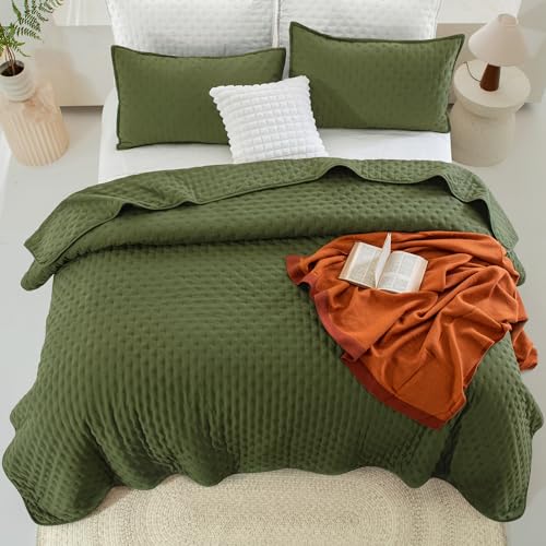 Image of Andency Green Queen Size Quilt Bedding Set (90x96 Inch), 3 Pieces Soft Lightweight Bedspread Coverlet, Boho Summer Quilt Queen Size for All Season
