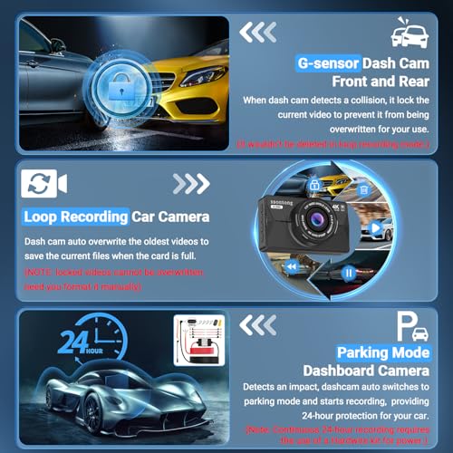 Image of Dash Cam Front and Rear, Dash Cam 4K WiFi /APP Control Dashcam W / 64GB Card Dash Camera for Cars DVR Car Security Cameras W /Loop Recording G-Sensor Time-Lapse Parking Mode Car Dashcam USB Powered