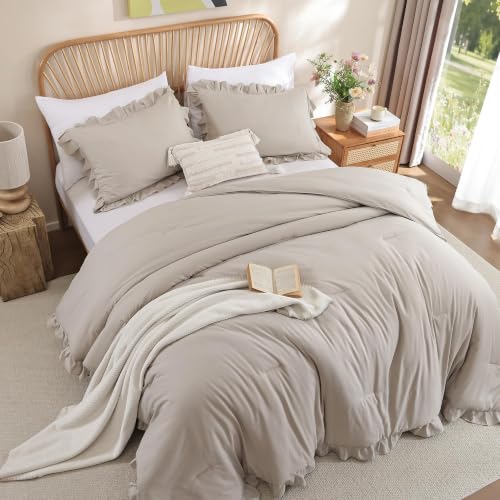 Image of JANZAA Full Size Comforter Ruffled Oatmeal Soft Vintage Farmhouse Bed Comforter Set Shabby Fluffy 3PCS Bedding (1 Comforter Set and 2 Pillowcases)