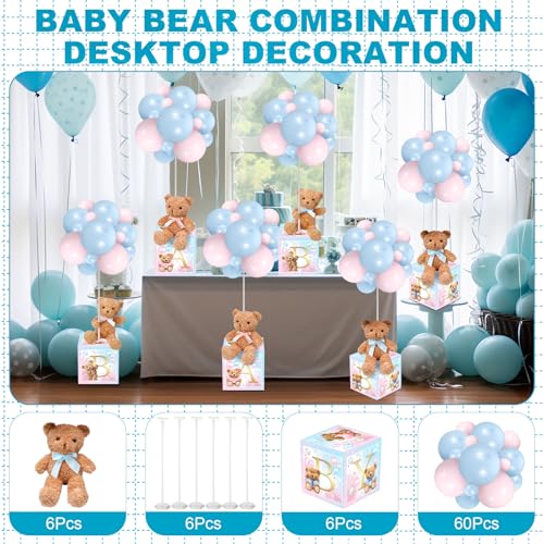 Image of Lenwen 6 Sets Baby Letter Boxes Decorations Table Centerpieces for Baby Shower Gender Reveal,Bear Stuffed Animals Balloon with Stand Plush Toy Boxes for Birthday Party Wedding(Bear,Pink Blue)