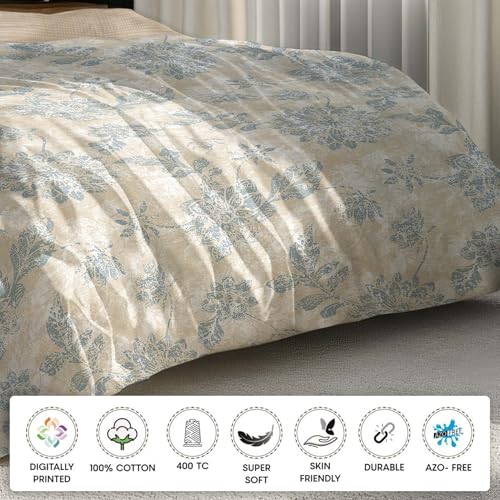 Image of LANE LINEN 400TC Morrison Bloom Super King Size Bedsheet with 4 Pillow Cases | 100% Cotton Digital Print Bedding Set (2.74 M x 2.74 M) | Modern Floral Pattern for Luxurious Comfort (Brown & Blue)