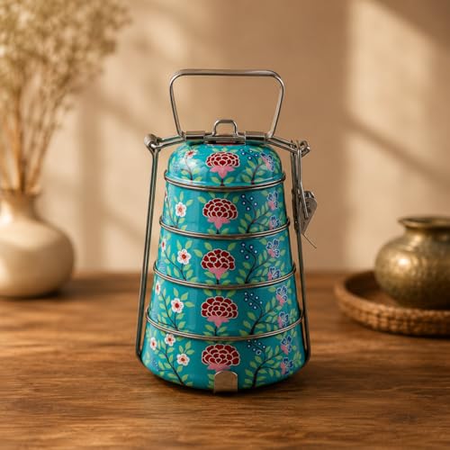 Image of iHandikart Handpainted Decorative Lunch Box Tiffin | Multiple Tier Stainless Steel Food Box | Designer Indian Print Tiffin for School | Diwali Gift, Navratri Gift (Color - Multicolor)