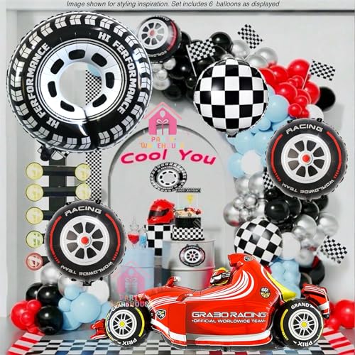 Image of Party Warehouse Racing Car Balloon Set for Boys Birthday-6Pcs |Race Theme Foil Balloons for Race Lovers|Red Car, Tyre & Checkered Flag Balloons for Kids /Adults Party Decorations