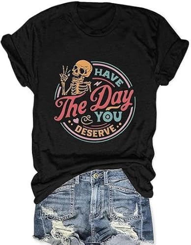 Funny Skull Shirts for Women Vintage Inspired Tee Cute Graphic Tees Spooky Skeleton Tops Casual Short Sleeve Women Top(Black3-L)