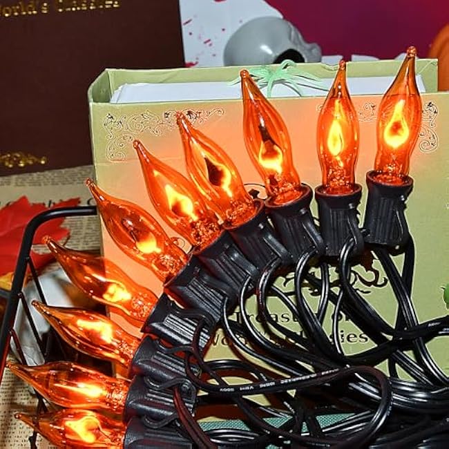 27.8Ft Fall Halloween Lights - Flickering Flame String Lights Orange Flickering String Lights with 25 Pack Orange Flame Light Bulbs for Fall Halloween Decorations Indoor Outdoor Home Party Mantel