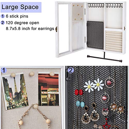 Keebofly Wall Mounted Jewelry Organizer With Rustic Wood Large Space Jewelry Cabinet, Holder, Storage Box for Necklaces, Earrings, Bracelets, Ring Holder, and Accessories White