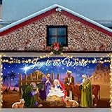 VitalCozy 3 Pcs Led Christmas Nativity Garage Door Banner with String Light Large Manger Scene Backdrop Christmas Religious Jesus Door Cover Lighted Holiday Nativity Banner (6 x 13 ft)