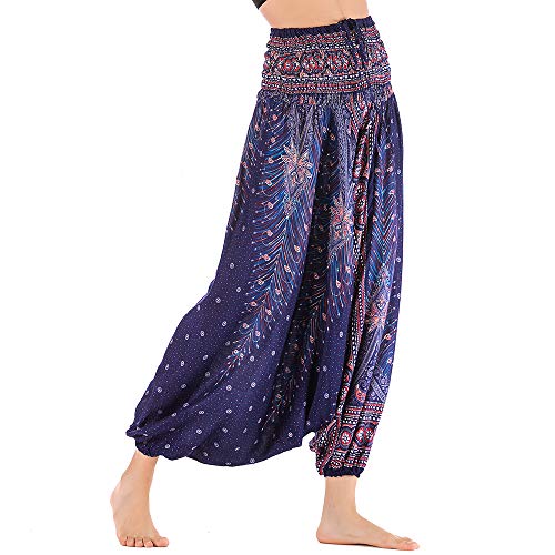 Nuofengkudu Femme Hippie Sarouel Combinaison Pantalon Jumpsuit Taille Haute Large Boheme Fleuri Imprimé Leger Grande Thai Yoga Pants Coloré Ete Plage(Violet Bleu Paon,Taille Unique)