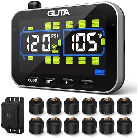 GUTA Trailer Tire Pressure Monitoring System, RV Tire Pressure Monitor with 12 Sensors, 6 Alert Modes, Signal Booster, Large Color Display, Long Sensing Distance, 0-188PSI TPMS for RV Trailer Semi Cover