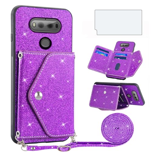 Asuwish Phone Case for LG V20 Wallet Cover with Tempered Glass Screen Protector and Crossbody Strap Lanyard Bling Glitter Credit Card Holder Stand Cell Accessories LGV20 LG20 V 20 ThinQ Women Purple