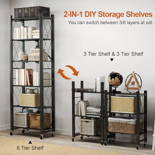 Image of 6-Tier Foldable Storage Shelves with Wheels Folding Bookshelf no Assembly | Folding Metal Shelf Unit, Collapsible Shelves for Craft Shows for Kitchen, Bedroom, Living Room, Black