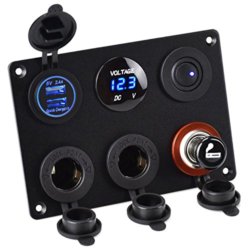 Cllena Dual USB Charger Socket QC 3.0 & 2.4A + LED Voltmeter + 12V Power Outlet Cigarette Lighter Adapter + ON-Off Toggle Switch Function Panel for Car Marine Boat Rv Truck Mobiles (Blue)