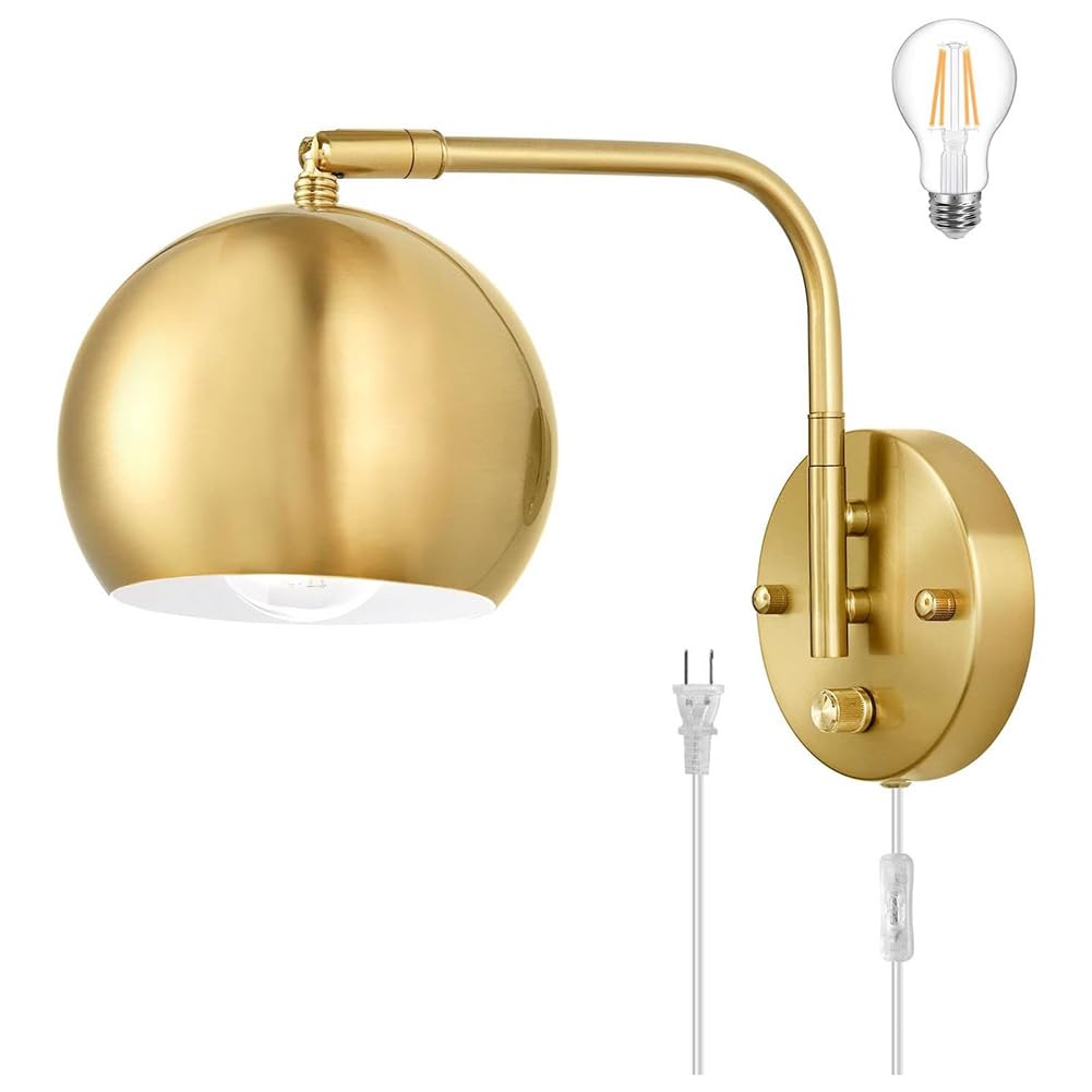 Gold Wandlampe Dimmbar mit Schalter Innen Wandleuchte mit Schalter und Stecker Drehbar Wandbeleuchtung Retro Industrial Verstellbare Wand Leselampe für Wohnzimmer, Schlafzimmer, Büro,1 stück