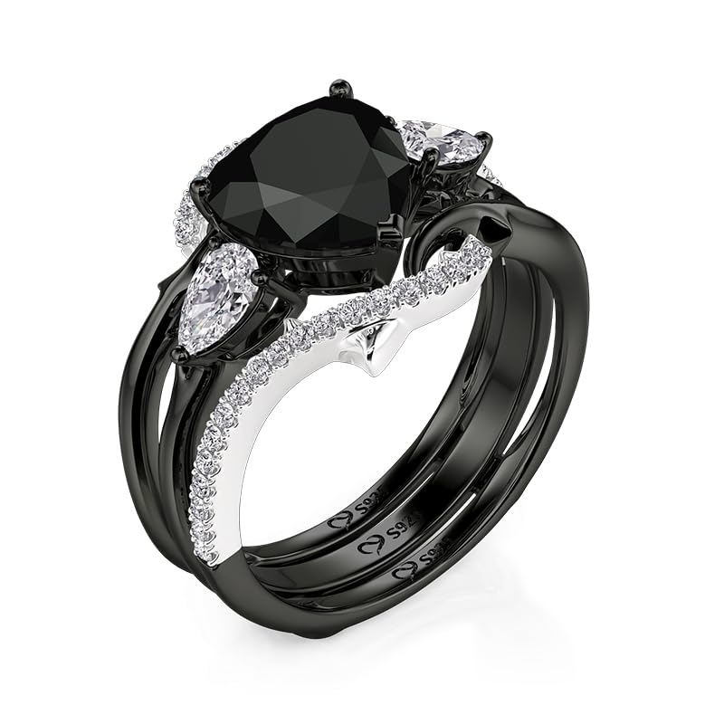 Image of Jeulia 3.1CT Interchangeable Engagement Ring Set Sterling Silver Black & White Heart Thorns Three Stone Wedding Bridal Ring with Gift Box