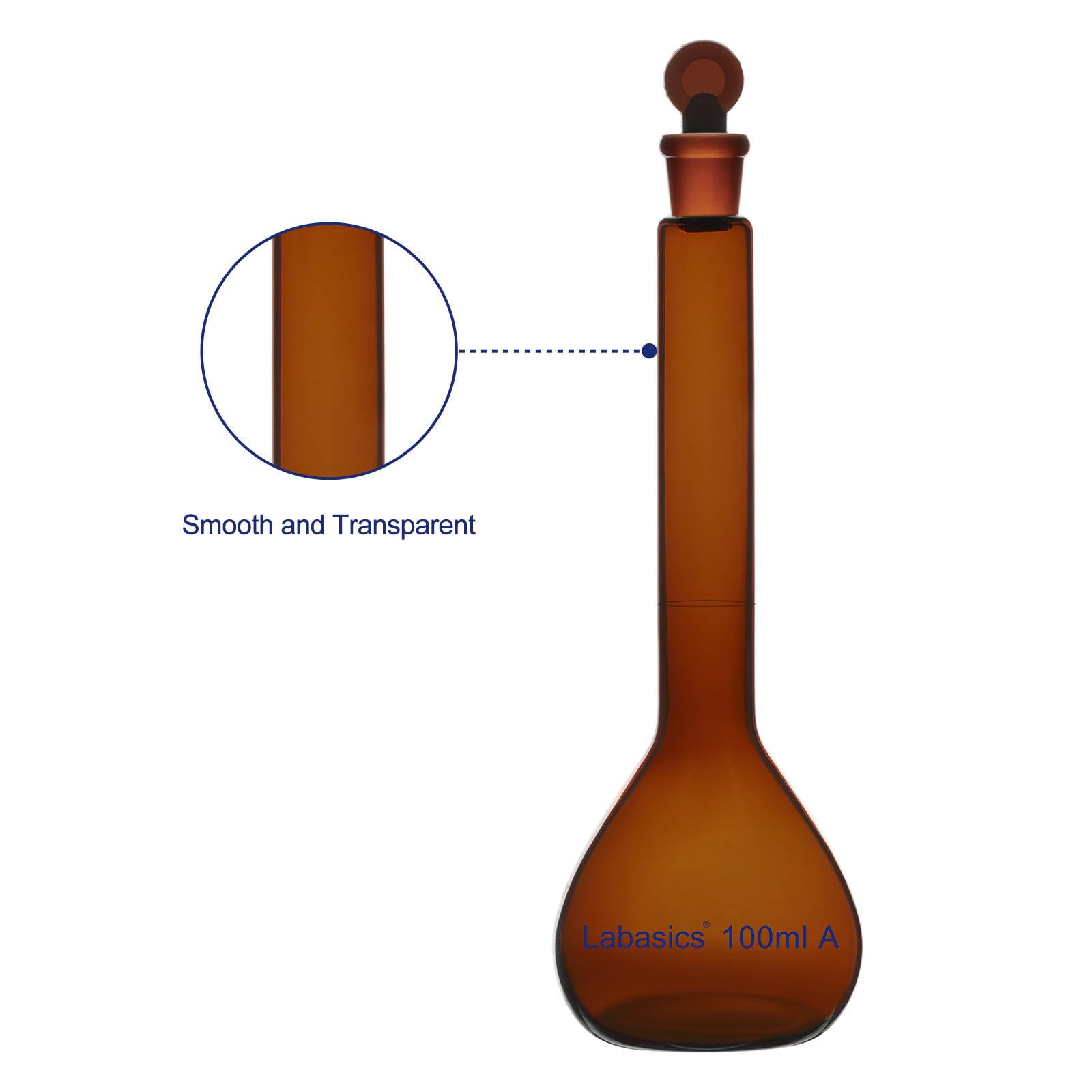 Labasics Pallone Tarato Amber da 100 ml, Vetro Borosilicato di Classe A con Tappo in Vetro Marrone Abbinato, Ideale per Soluzioni Sensibili Alla Luce nei Laboratori Chimici