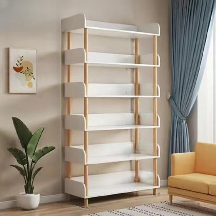 LITFAD Storage Rack Simple Bookshelf Standard Bookcase with Natural Wooden Frame for Office Living Room Study Room - White 31.5" L x 11.8" W x 66.9" H