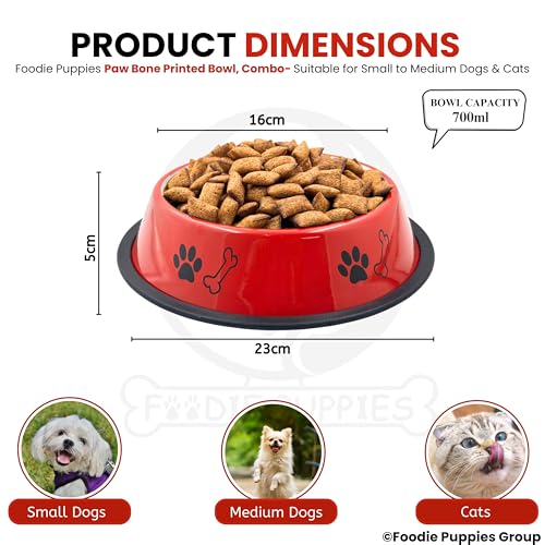 Image of Foodie Puppies Stainless Steel Dog Bowl Combo - (Medium, 700ml) Food and Water Feeding Gift Bowl | Suitable for Dogs, Cats and Other Pets I Paw Bone Print, Anti-Skid Rubber Base (Red + Yellow)