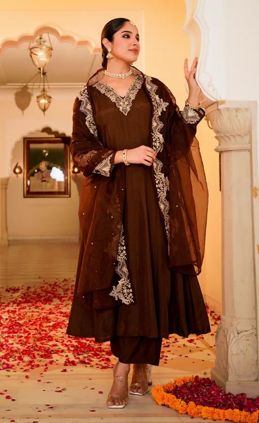 Image of Nermosa Women Solid Anarkali Kurta and Pant Set with Dupatta | Solid Kurta Set | Embroidery Kurta Set | Women Kurta Set |