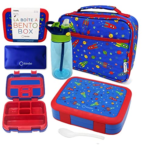 Image of kinsho Bento Lunch Box, Water Bottle, Ice Pack Set For Kids Toddlers, 5 Portion Sections, Removable Plastic Tray, Small Pre School Daycare Lunches, Snack Container, Blue Red Space Rocket