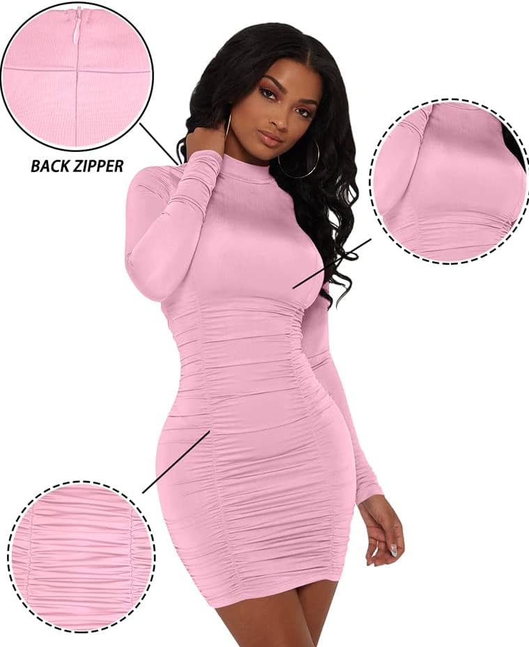 GOKATOSAU Women's Sexy Stand Neck Bodycon Long Sleeve Ruched Club Party Mini Dress - Image 5