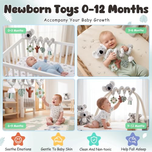 Image of Stuffed Aesthetic Koala Spiral Car Seat Toys for Babies, Gender Neutral Infant Stroller Toy with Teether Hanging, Baby Registry Search Must Haves 0-6 Months
