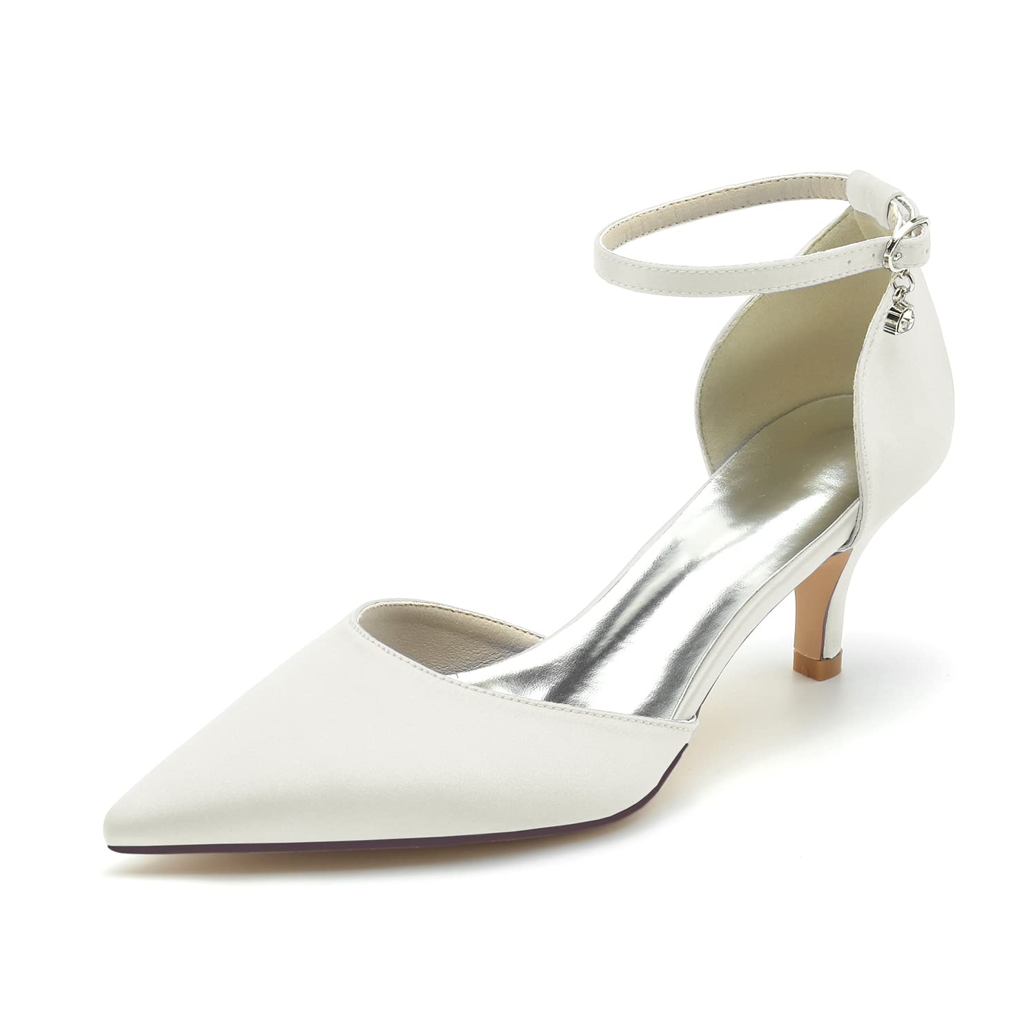 Zapatos Satin Tacón Kitten Punta Cerrada Correa Tobillo Mujer