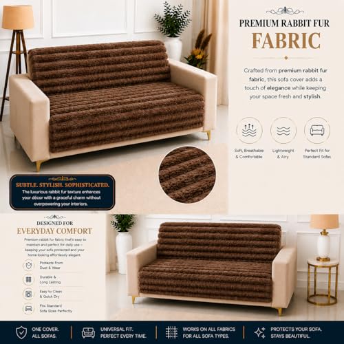 Image of Homerz Premium Rabbit Fur Sofa Cover with Anti-Skid Backing, Soft Plush Fabric Sofa Protector for Living Room Furniture (Brown, 2 Seater, Seat Cover with Backrest)