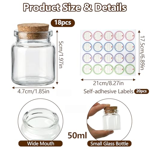 18er-Pack Mini-Glasfläschchen (50 ml) mit Korken zum Befüllen, leere kleine Flaschen, Gewürzgläser, Wunschfläschchen, für Hochzeitsgeschenke, Küchengewürze, Bastelarbeiten, Partys, mit 20 Etikettstick