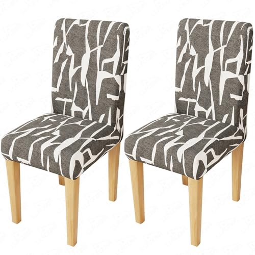 Image of Lukzer 2PC Grey & White Stretchable Dining Chair Cover | Universal Fit Removable Washable Slipcover | 140 GSM Polyester + Spandex | Elastic Protective Cover for Home & Hotel Chairs Seat Slipcover