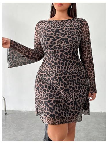 Floerns Women's Plus Size Leopard Mesh Bell Sleeve Short Dress Party Club Bodycon Dress2