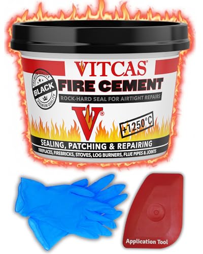 Black Fire Cement for Wood Burning Stove 500g - 1250C Heat Resistant Airtight Seal Easy Use Repair Kit - Sealing and Patching Fireplaces Stoves Flue Pipes Joints - w/Application Tool & Gloves
